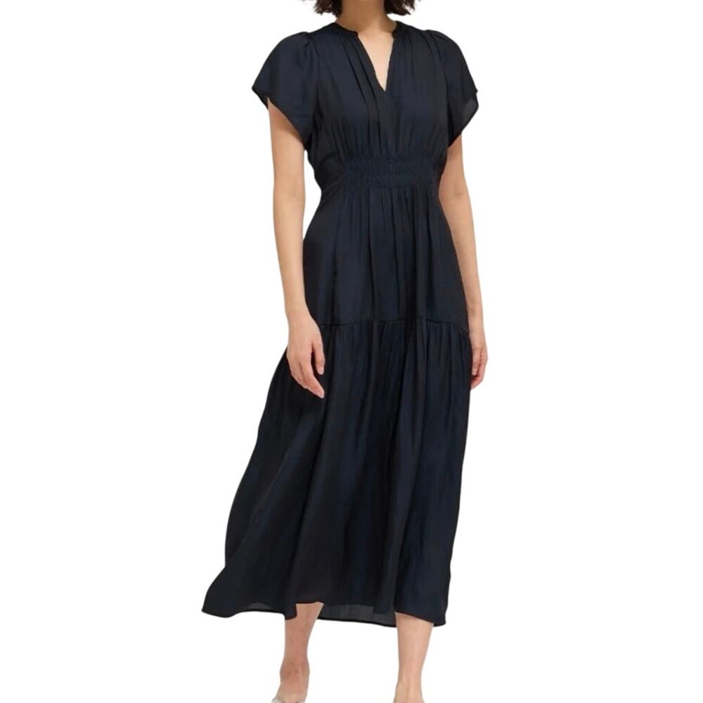 Grade and gather Ruffle Satin Midi Dress in Midnight black size medium